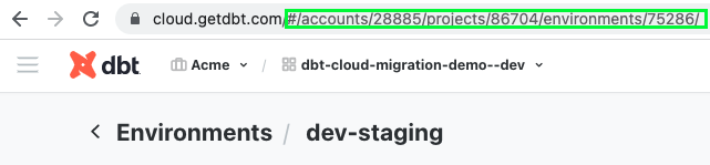 A screenshot of the dbt Cloud browser, with the URL highlighted as an example of where to find the correct ID number